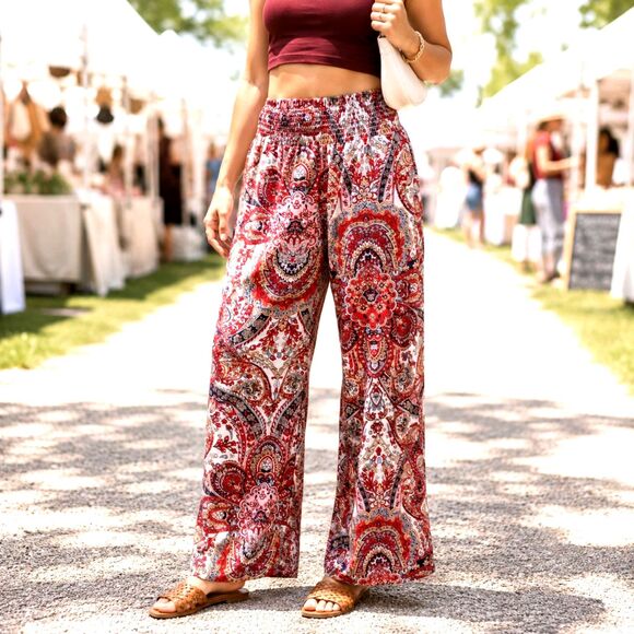 Pants - Boutique Paisley Smocked Palazzo Pants S Red Wide Leg Boho Festival High Waisted